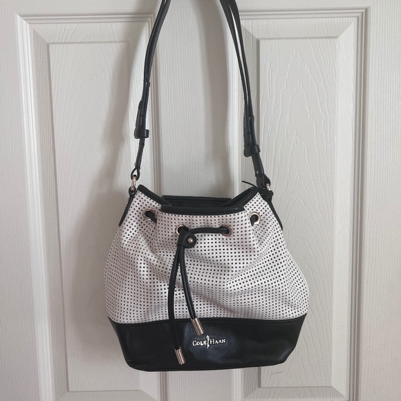 Cole Haan White Black Leather Perforated Bucket Bag - Picture 1 of 3